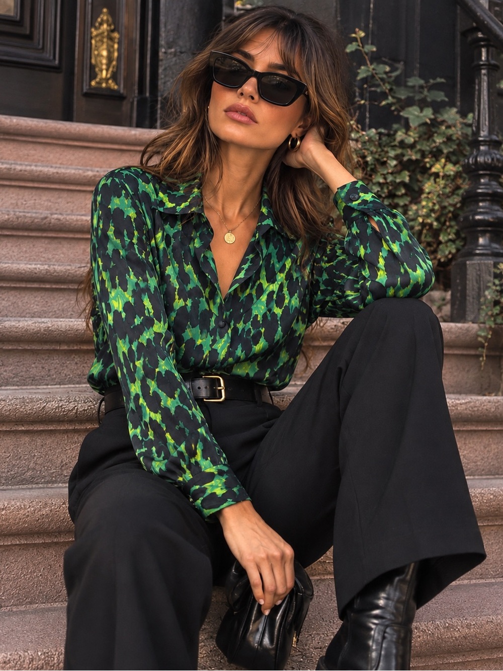 Vintage Carlisle 100% Silk Green Black Animal Print Blouse 90s Size 6